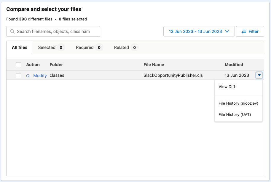 Salesforce組織を比較し、各変更の履歴を確認