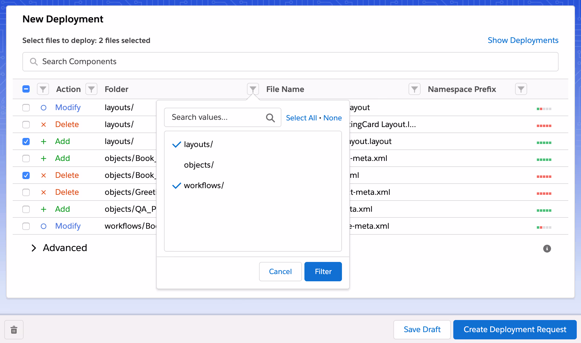 デプロイリクエスト用に選択したSalesforceメタデータが表示されたBlue Canvasの画面