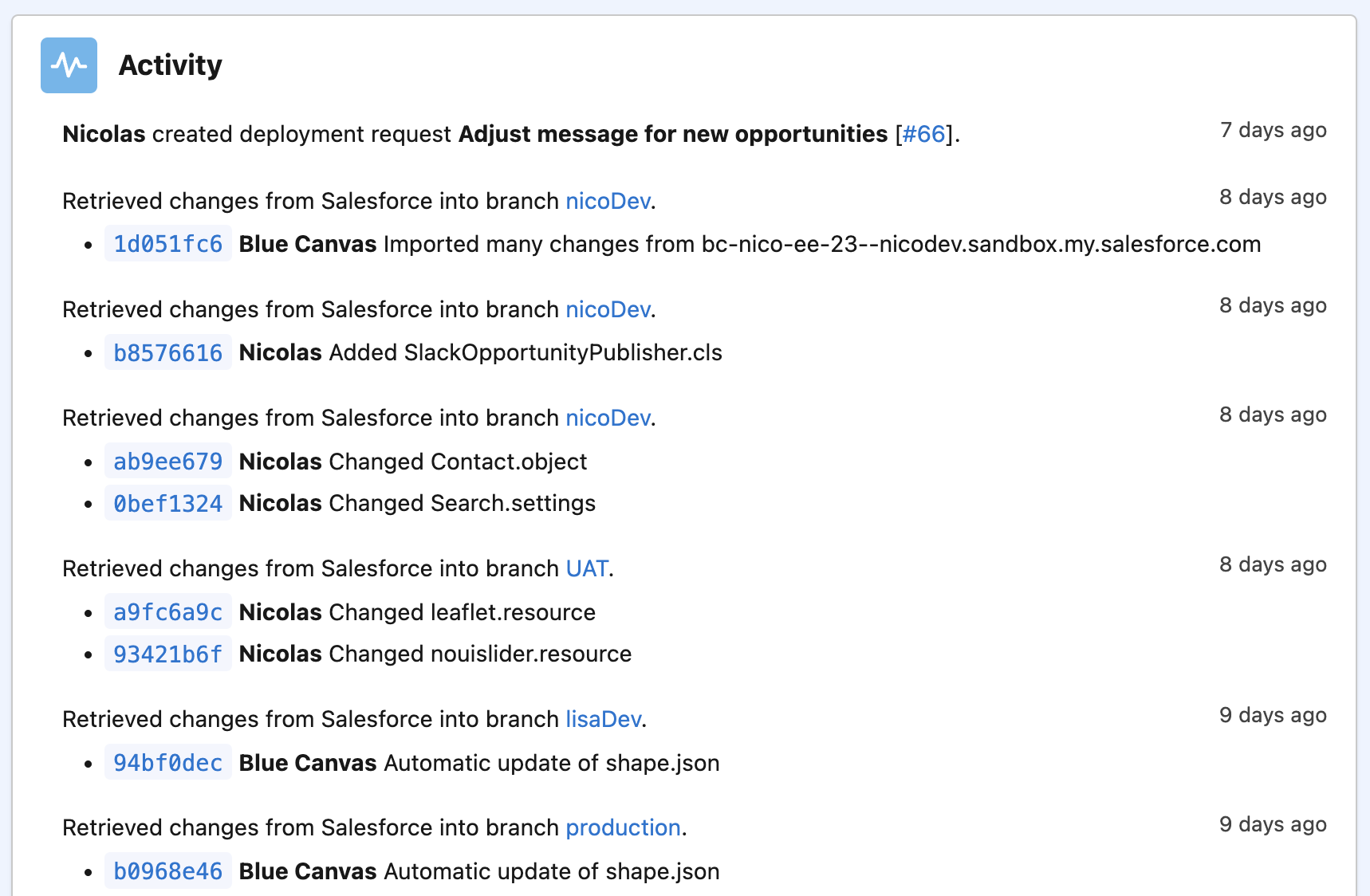 Blue Canvasのアクティビティフィードに表示されたSalesforceメタデータのバックアップ履歴